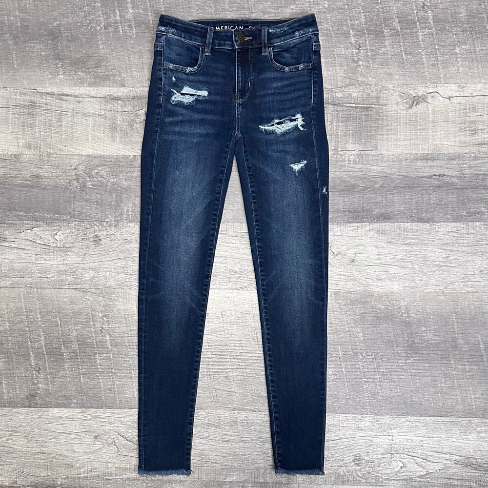 American Eagle AEO Dark Wash Jegging Jeans Womens 0 Reg High Rise Ripped Raw Hem